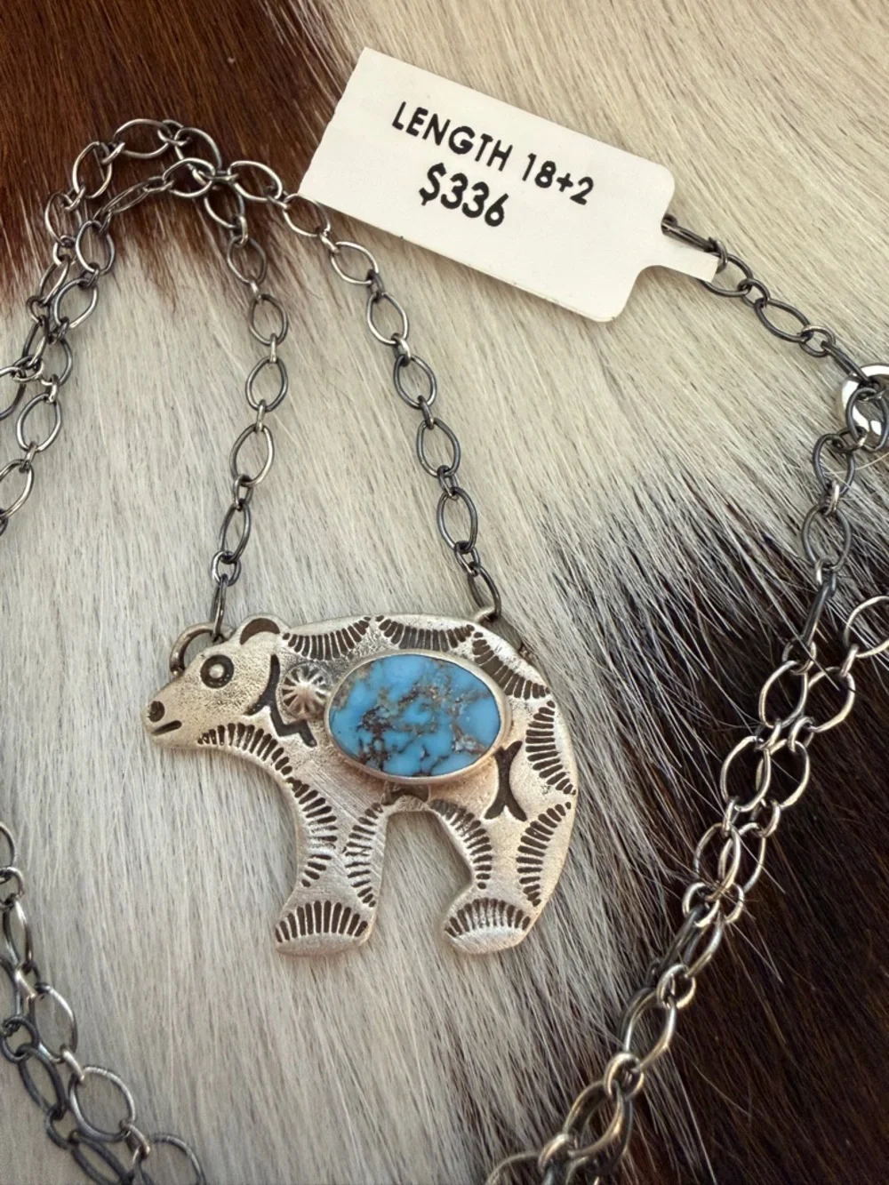 ❤️ Golden Hills Turquoise Hand Stamped Statement Bear Necklace 925 Matte 18+2”